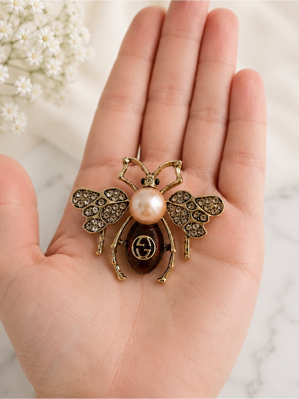 Gold Tone Bee Brooch with Ivory Pearl Accent - Picture 3 of 3